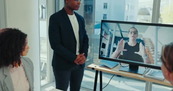 Videoopkald Virtuelle Møde Forretningsfolk Skærmen Til Planlægning Diskussion Samtale Virksomheder – Stock-video