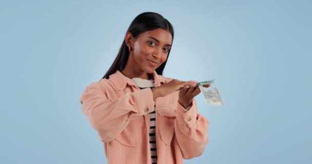 Happy Woman Money Financial Freedom Savings Loan Winning Studio Background — Stock Video