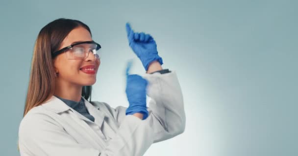 Woman Hands Happy Scientist Pointing Studio Background Promotion Presentation Information — Stock Video