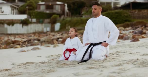 Strand Barn Eller Mand Underviser Karate Kampsport Eller Energi Til – Stock-video