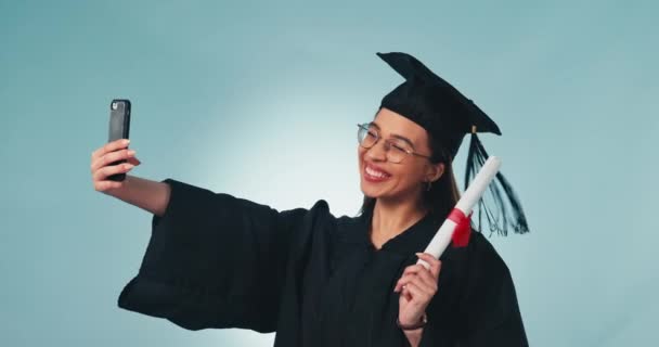 Happy Woman Graduation Certificate Selfie Photography Memory Studio Background Žena — Stock video