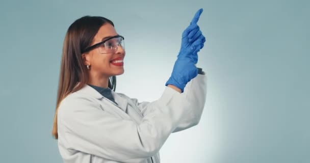 Woman Hands Happy Scientist Pointing Studio Background Promotion Presentation Information — Stock Video