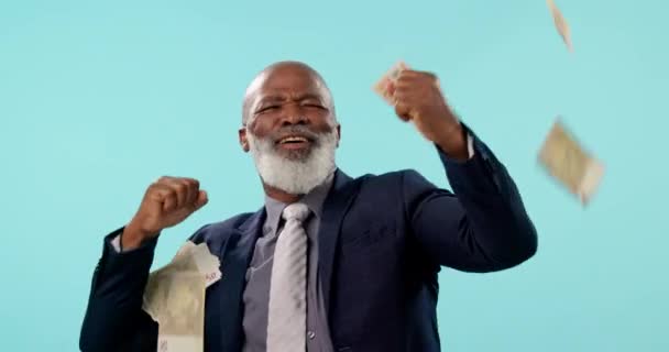 Money Celebration Senior Man Studio Fist Pump Gesture Winning Lottery — Stock Video
