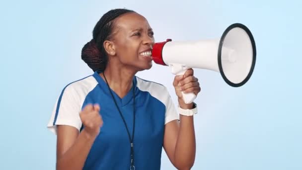 Black Woman Megaphone Coaching Sports Motivation Fitness Screaming Studio Background — Stock Video