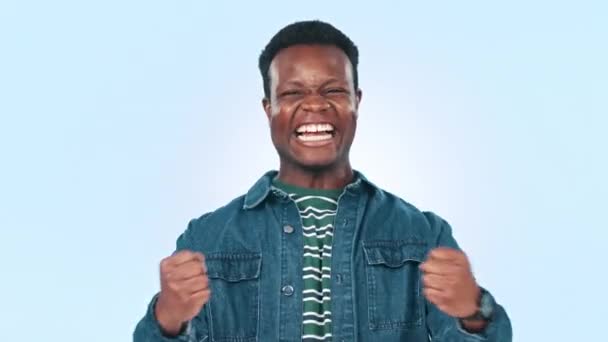 Homem Negro Ganhando Retrato Feliz Celebração Sucesso Realização Estúdio Fundo — Vídeo de Stock