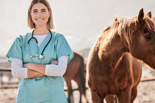 Horse doctor, portrait and woman with smile outdoor at farm for health, care or happy for love, animal or nature. Vet, nurse and equine healthcare expert in sunshine, countryside or help for wellness.