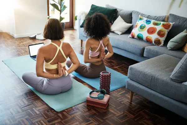 Friends, stretching and yoga online class in home, living room or lounge or streaming exercise and workout. Healthy, fitness and training with holistic sport or practice for wellness in house.