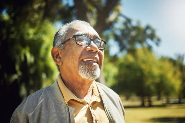 Gelukkig Denkend Senior Man Park Natuur Outdoor Avontuur Pensionering Vakantie — Stockfoto