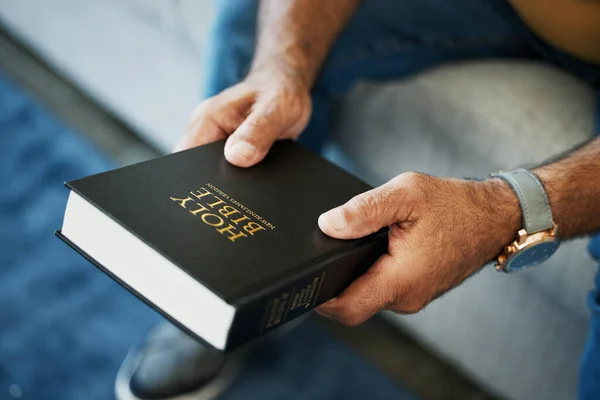 Bible Book Hands Man Home Study Christian Faith Religion Spirituality — Stock Photo, Image