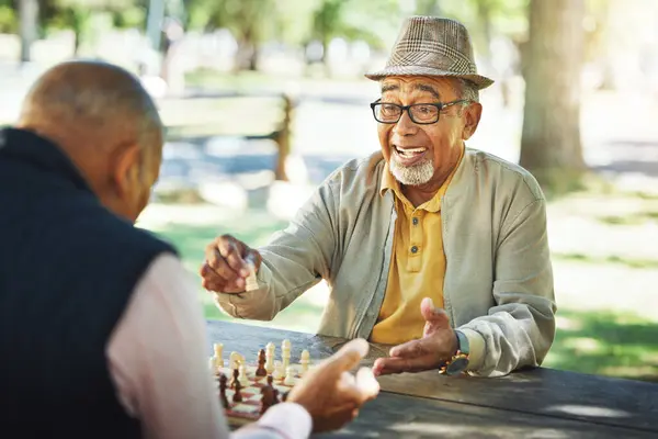 老年男子在公园 棋类游戏和比赛或挑战的获胜者 朋友在退休和幸福 成功和户外竞赛 跳板和解决问题 — 图库照片