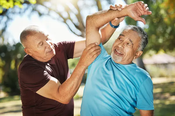 Senior man, friends and stretching at park for workout, exercise or outdoor training together. Mature male person or team in body warm up, arm stretch or preparation for cardio or fitness in nature.