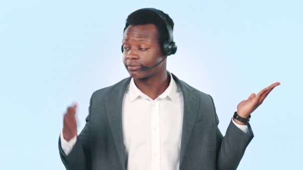 Call Center Business Black Man Choice Palm Gesture Scale Balance — Vídeos de Stock