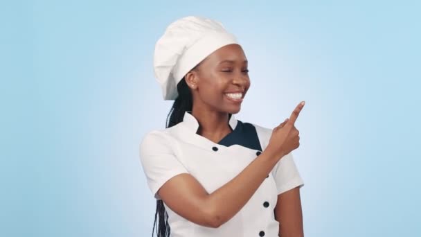Elección Del Chef Mujer Negra Feliz Punto Gesto Palma Para — Vídeo de stock