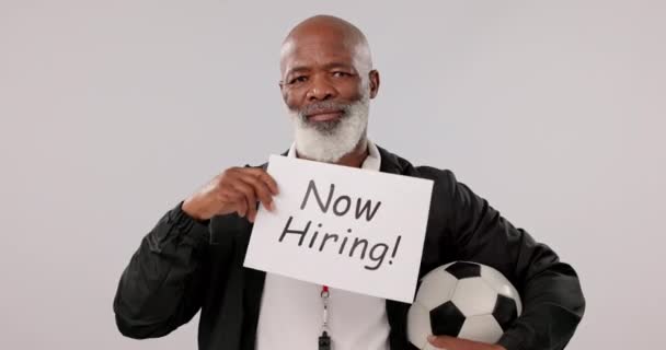 Assine Contratação Rosto Homem Negro Para Equipe Futebol Recrutamento Procura — Vídeo de Stock