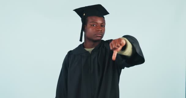 Student Unhappy Disagree Thumbs Studio Blue Background Mockup Graduation Black — Stock Video