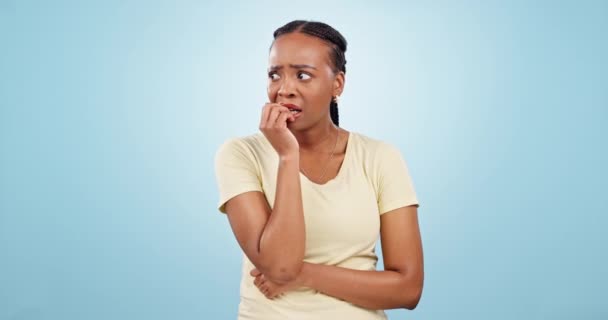 Woman Anxiety Biting Nails Studio Stress Mistake Panic Crisis Blue — Stock Video