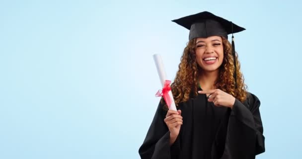 Happy Woman Student Graduate Pointing Diploma Celebration Certificate Studio Background — Stock Video