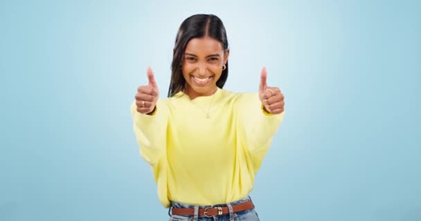 Face Thumbs Happy Woman Laughing Studio Mockup Space Isolated Blue — Stock Video