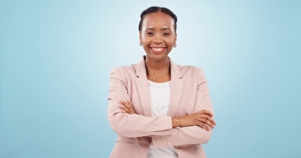 Mulher Negra Negócios Braços Cruzados Retrato Com Sorriso Carreira Corporativa — Vídeo de Stock