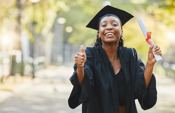 Graduation Thumbs Portrait Woman Student Outdoor Diploma Success Education College — Stock Photo, Image
