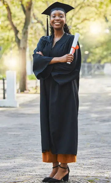 Graduation Diploma Portrait Woman Arms Crossed Celebrate Success Education College — Stock Photo, Image