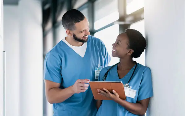 Doctors, nurses and tablet for teamwork, online results and talking, planning or research of clinic or hospital management. Medical worker, students or people on digital technology for data or charts.
