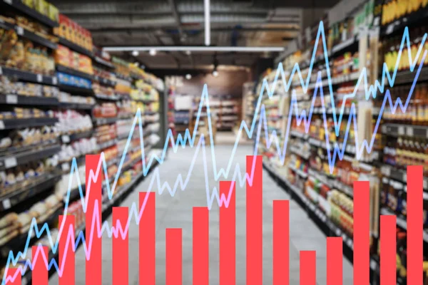 Diagramm Doppelbelichtung Und Supermarkt Zur Erhöhung Der Lebenshaltungskosten Durch Statistiken — Stockfoto