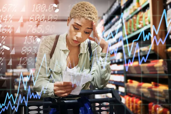 Mulher Compras Supermercado Estresse Com Recibo Aumento Preços Erro Orçamentário — Fotografia de Stock
