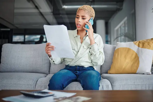Angry Phone Call Woman Documents Conversation Connection Network Home Speaking — Stock Photo, Image