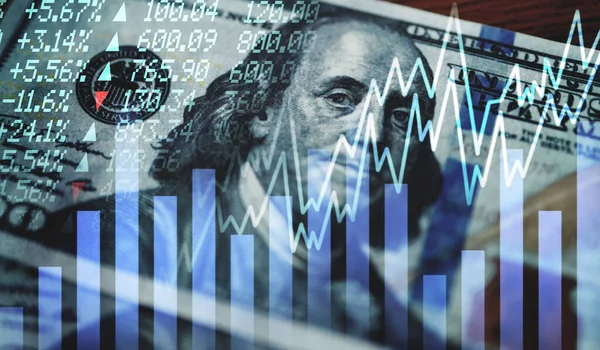 stock image Cash, charts or stock market with trading, hologram or overlay for financial investment graphs. Background, money increase or inflation with dollars, profit growth or economy info with stocks value.