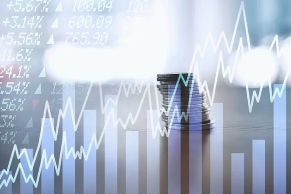 Coins Graphs Stock Market Trading Hologram Overlay Financial Investment Charts — Stock Photo, Image