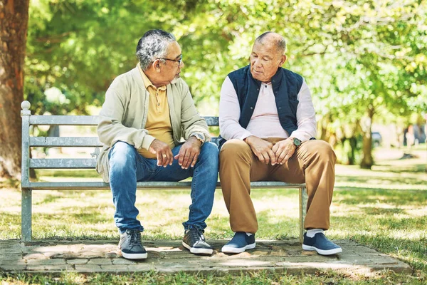 Elderly friends, relax and men on park bench, talking and bonding outdoor. Senior people sitting together in garden, communication and serious conversation in nature for retirement in the morning.