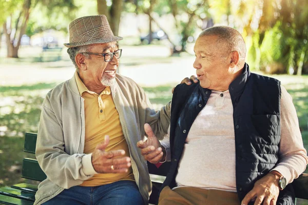 Talar Senior Och Vänner Park För Bindning Kommunikation Eller Tillsammans — Stockfoto