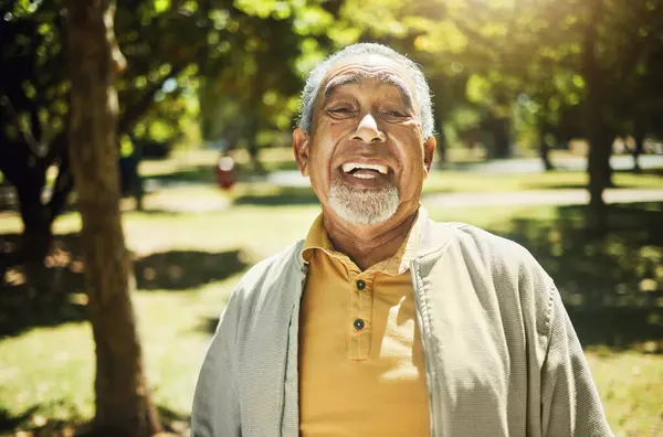 Gelukkige Oudere Man Portret Natuur Tuin Park Met Vrijheid Vertrouwen — Stockfoto