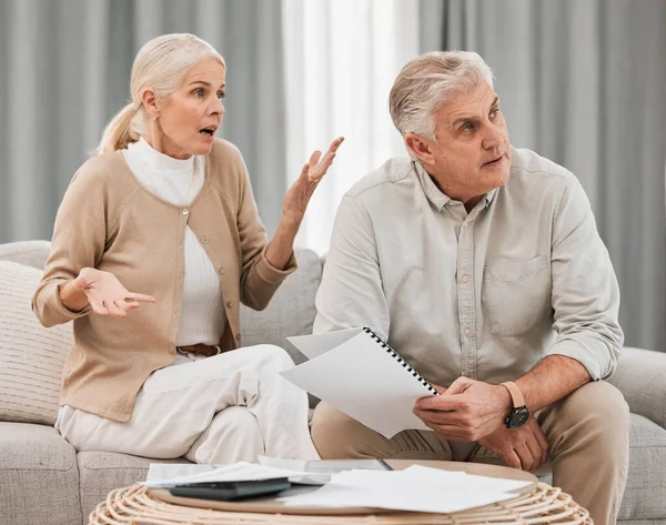 Bills, old couple with documents and stress in home, mortgage payment and retirement funding crisis. Financial budget, senior man and woman on sofa with anxiety for debt, life insurance and taxes