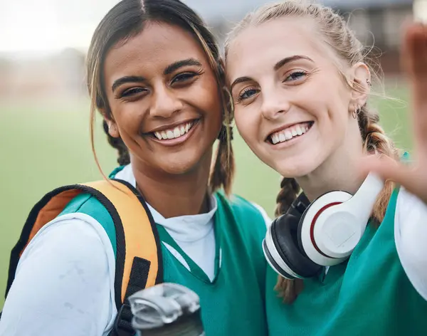 Selfie, sports and portrait of women friends on field smile for training, exercise and workout. Fitness, team and happy people take profile picture for social media, memory and bonding in sport club.