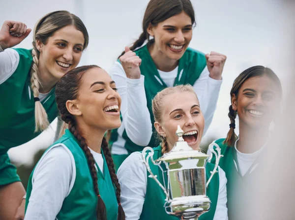 Sports Women Team Trophy Celebration Winning Fist Air Competition Field Stock Photo