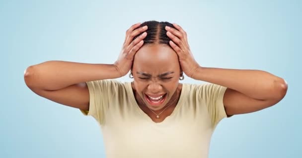Woman Headache Trauma Anxiety Stress Studio Sad Frustrated Crying Blue — Stock Video