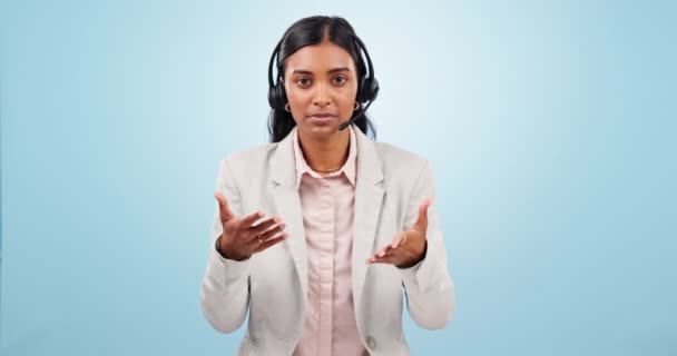 Stress Call Center Rosto Mulher Frustrada Consultoria Estúdio Para Faq — Vídeo de Stock