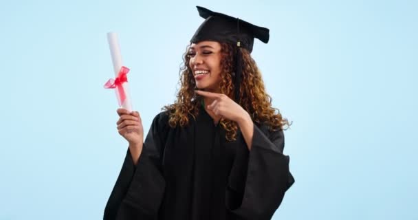 Happy Woman Student Graduation Certificate Celebration Diploma Studio Background Nadšený — Stock video