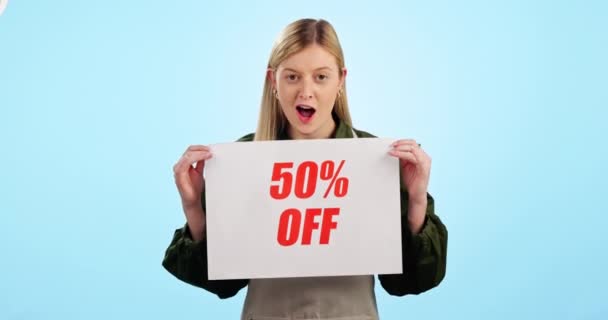 Happy Woman Banner Sale Discount Price Promotion Blue Studio Background — Stock videók