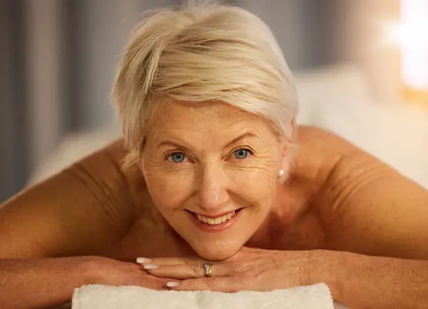 Relax, portrait and senior woman at a spa for health, wellness and anti aging skincare treatment. Calm, beauty and closeup of elderly female person with wrinkles face routine at a natural salon