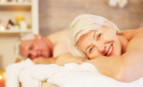 Relax, portrait and senior couple at a spa for health, wellness and back massage treatment. Calm, beauty and closeup of zen elderly man and woman at retirement resort for self care at a natural salon.