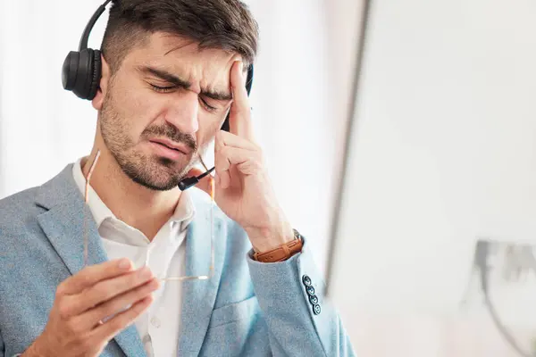 Call Center Stress Ångest Eller Man Med Huvudvärk Smärta Från — Stockfoto