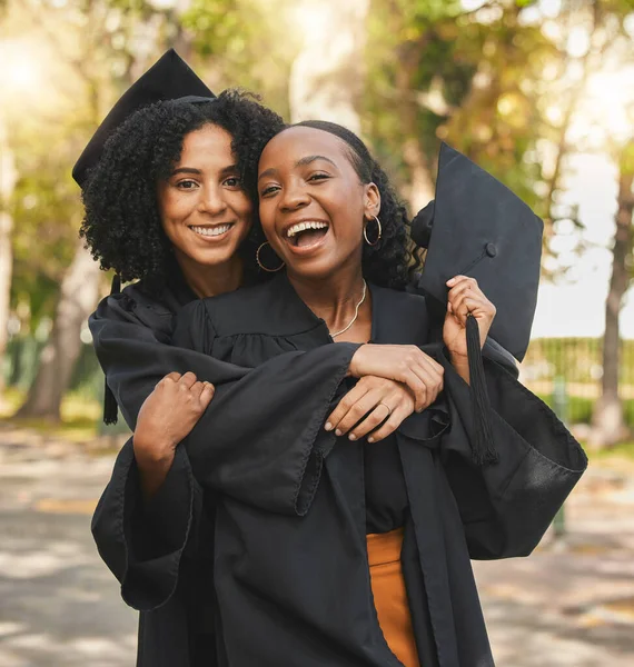 Portrait Graduation Women Outdoor Hug Achievement Celebration Diploma University People — Stock Photo, Image