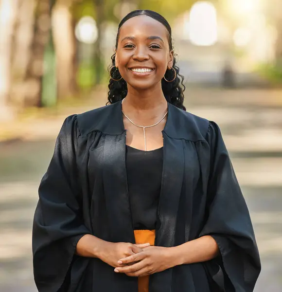 Portrait Graduate Happy Black Woman University Campus Outdoor Face Graduation — Stock Photo, Image