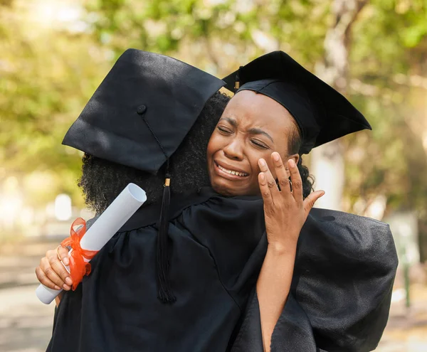 Crying Graduation Women Outdoor Hug Happiness Celebration Diploma University People — Stock Photo, Image