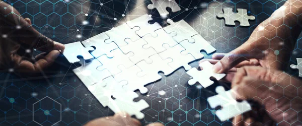 Collaboration Business Hands Puzzle Overlay Workshop Hexagon Grid Corporate Connectivity — Stock Photo, Image