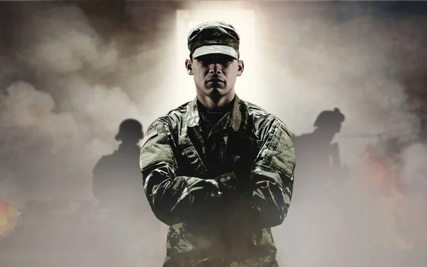 Man, soldier or hero in war with smoke in explosion, team or shadows in overlay for mockup. Military, person or commander on mission with light, door and standing with confidence, hope and future.