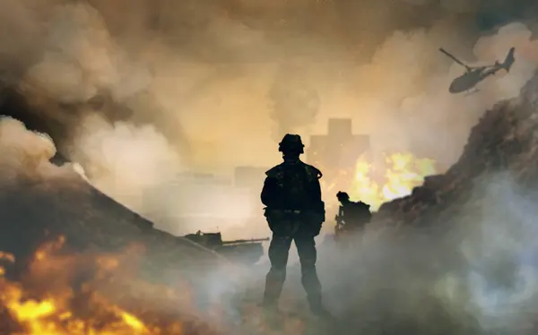 War, explosion and smoke, soldier silhouette on battlefield with conflict, military vehicle and politics. Helicopter, fire and chaos from fight, people in armed forces and warzone with army warrior.